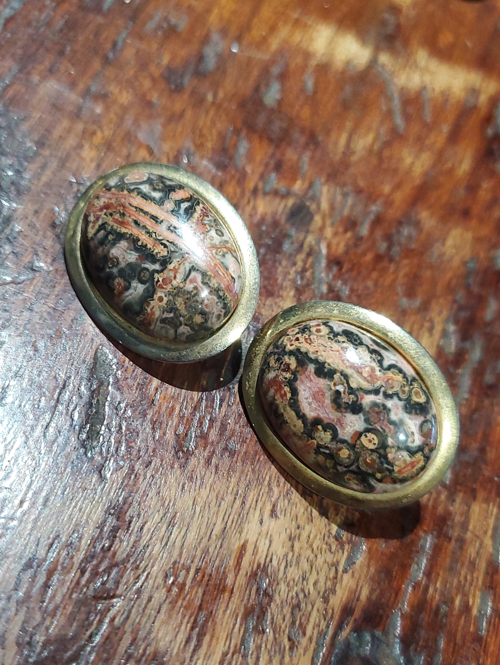 Vintage Gold-Tone Oval Jasper Clip On Earrings Classic Runway 90s Classic Chunky